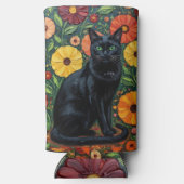 Black Cat and Colorful Folk Art Flowers Seltzer Blikjeskoeler (Achterkant)