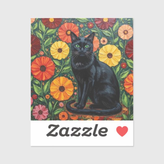 Black Cat and Colorful Folk Art Flowers Sticker (Vel)