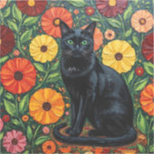Black Cat and Colorful Folk Art Flowers Sticker (Voorkant)