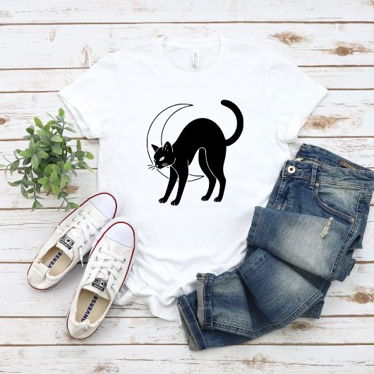 Black Cat and Crescent Moon Line Art T-shirt