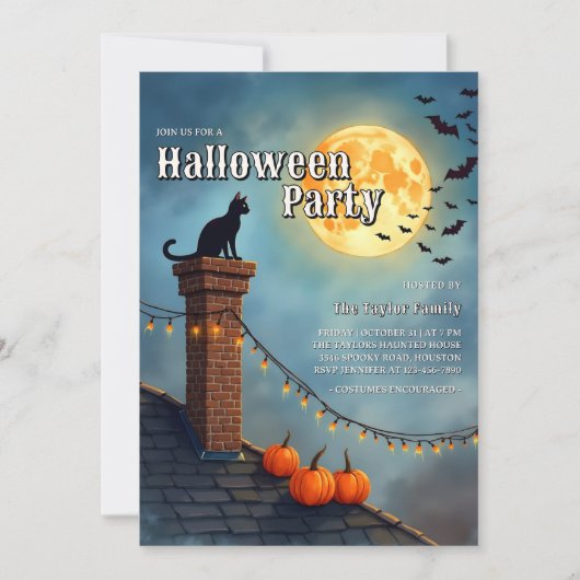 Black Cat and Full Moon Halloween Party Kaart (Voorkant)