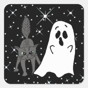 Black Cat and Ghost Scaredy Cats Halloween Vierkante Sticker