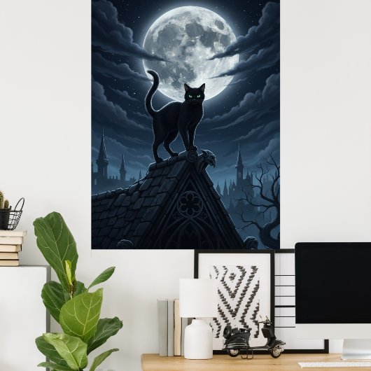 Black Cat and Moon Poster (Thuiskantoor)