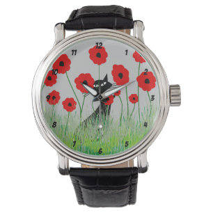 Black Cat and Poppies Watch Horloge