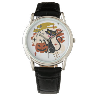 Black Cat and Pumpkin Atomic Retro Halloween Horloge