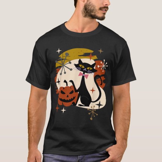 Black Cat and Pumpkin Atomic Retro Halloween T-shirt (Voorkant)