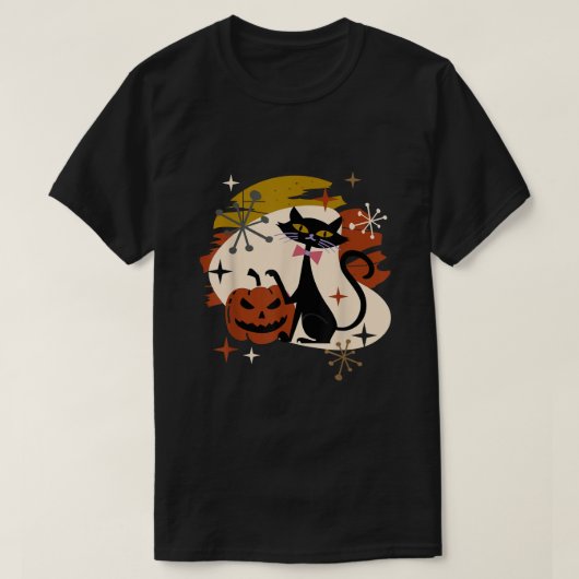 Black Cat and Pumpkin Atomic Retro Halloween T-shirt (Design voorkant)