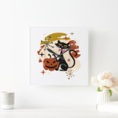 Black Cat and Pumpkin Atomic Retro Halloween Vierkante Klok (Huis)