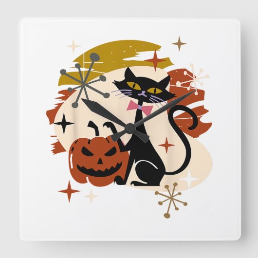 Black Cat and Pumpkin Atomic Retro Halloween Vierkante Klok (Voorkant)