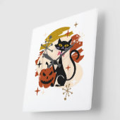 Black Cat and Pumpkin Atomic Retro Halloween Vierkante Klok (Hoek)