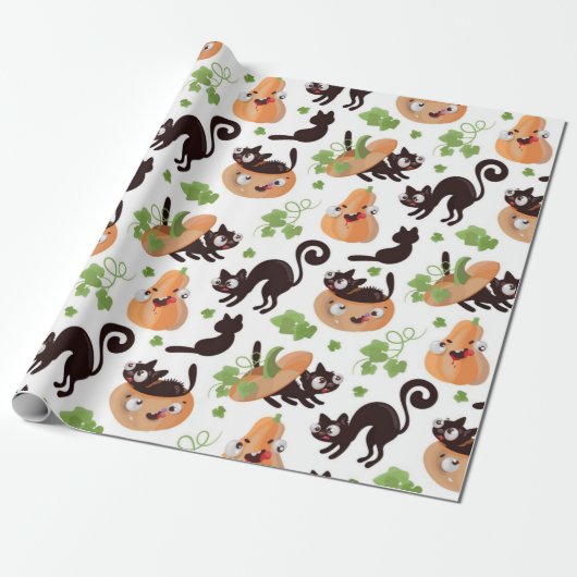 Black Cat and Pumpkin Halloween Pattern Cadeaupapier (Uitgerold)