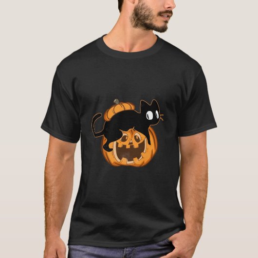 Black Cat And Pumpkin Halloween T-shirt (Voorkant)