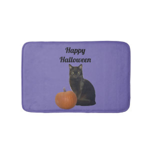 Black Cat and Pumpkin Happy Halloween Paars Badmat