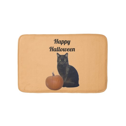 Black Cat and Pumpkin Happy Halloween Sinaasappel Badmat (Voorkant)