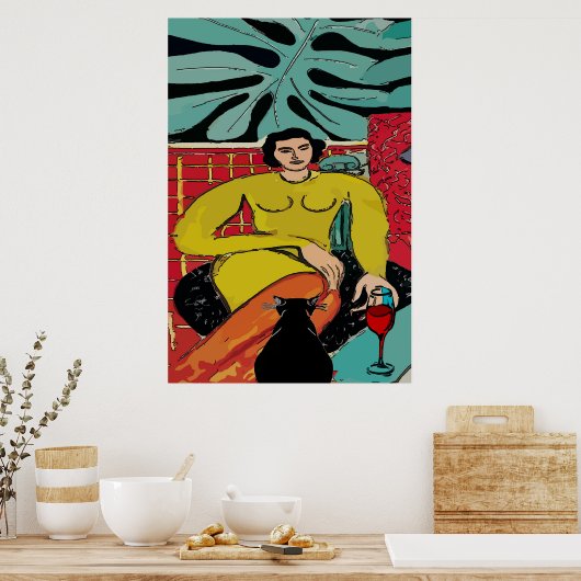 Black Cat and Red Wine Poster (Keuken)