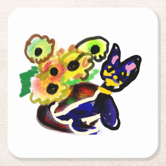 Black Cat and Sunflowers  Kartonnen Onderzetters (Voorkant)