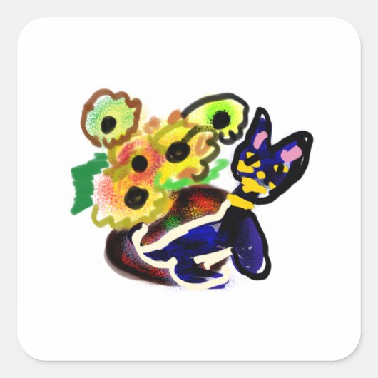 Black Cat and Sunflowers  Vierkante Sticker (Voorkant)