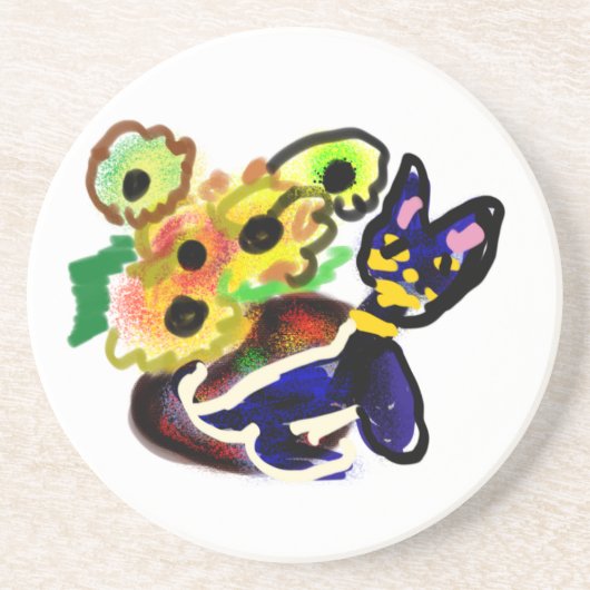 Black Cat and Sunflowers  Zandsteen Onderzetter (Voorkant)