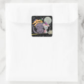 Black Cat and Witch Mouse op Broom Halloween Vierkante Sticker (Tas)