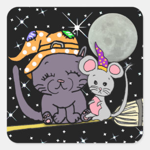 Black Cat and Witch Mouse op Broom Halloween Vierkante Sticker
