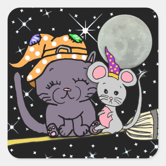Black Cat and Witch Mouse op Broom Halloween Vierkante Sticker (Voorkant)
