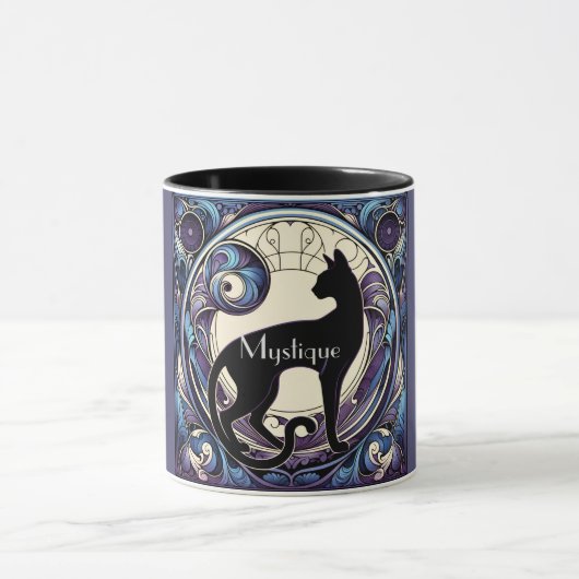 Black Cat Art Nouveau Paarse en Blauw Mok (Midden)