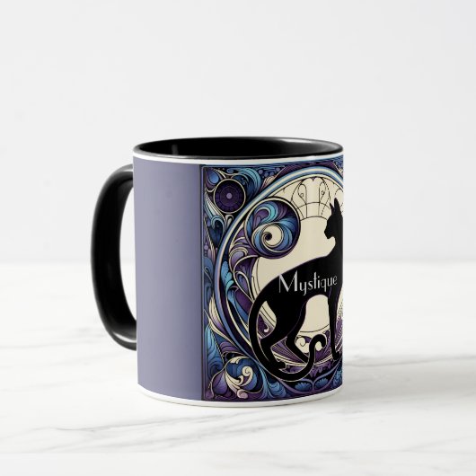 Black Cat Art Nouveau Paarse en Blauw Mok (Voorkant links)