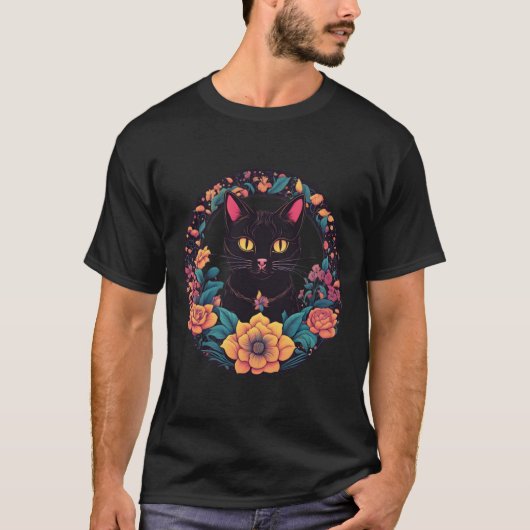 Black Cat Art Sticker T-shirt (Voorkant)