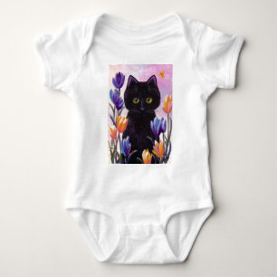 Black Cat Art Tulps Flowers Roze Creationarts Romper