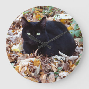 Black cat Autumn Photo Round (Grote) wandklok