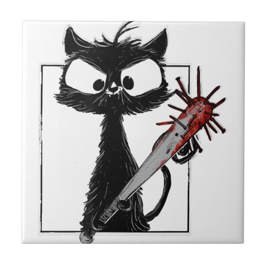 Black Cat Baseball Horror Halloween Tegeltje (Voorkant)