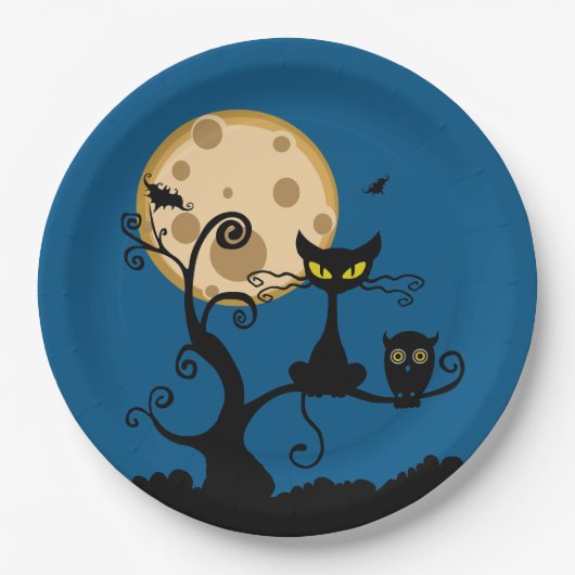 Black Cat, Bat, en Uil Halloween Papieren Bordje (Voorkant)