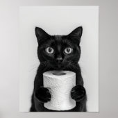 Black Cat Bathroom Print, Cat Holding Toilet Roll, Poster (Voorkant)