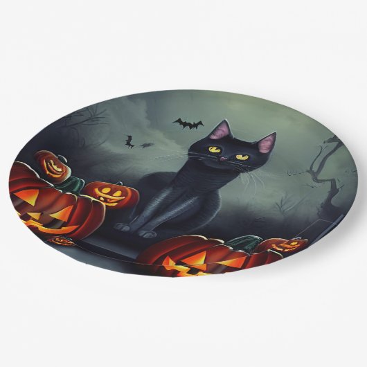 Black Cat, Bats en Jack-O-Lanterns Papieren Bordje (Gekanteld)