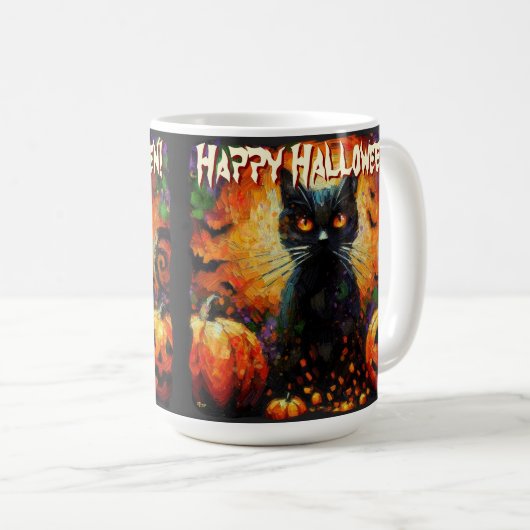 Black Cat Bats Pumpkins Whimsical Personalized Koffiemok (Voorkant rechts)