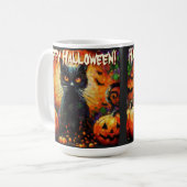Black Cat Bats Pumpkins Whimsical Personalized Koffiemok (Voorkant links)