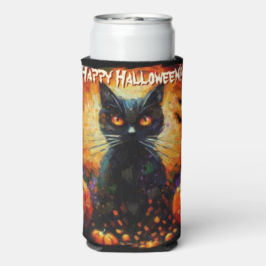 Black Cat Bats Pumpkins Whimsical Personalized Seltzer Blikjeskoeler (Seltzer Achterkant)