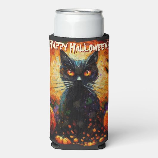Black Cat Bats Pumpkins Whimsical Personalized Seltzer Blikjeskoeler (Seltzer Voorkant)