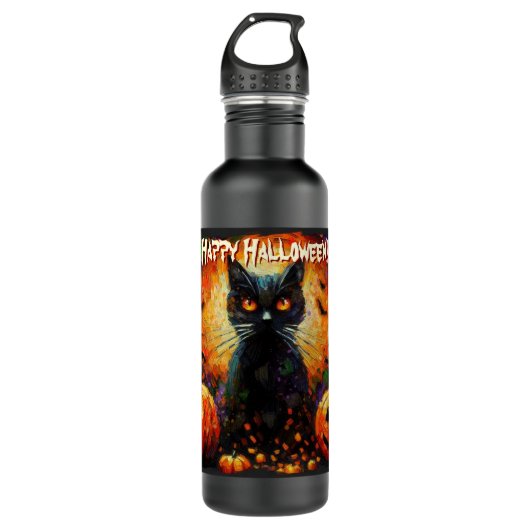 Black Cat Bats Pumpkins Whimsical Personalized Waterfles (Voorkant)