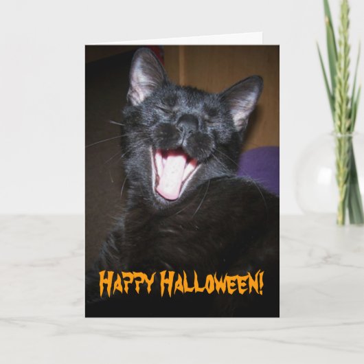 Black Cat Big Yawn Happy Halloween Greeting Kaart (Voorkant)