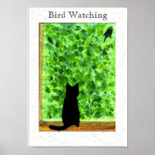 Black Cat Bird Watting Fun Animal Art Poster