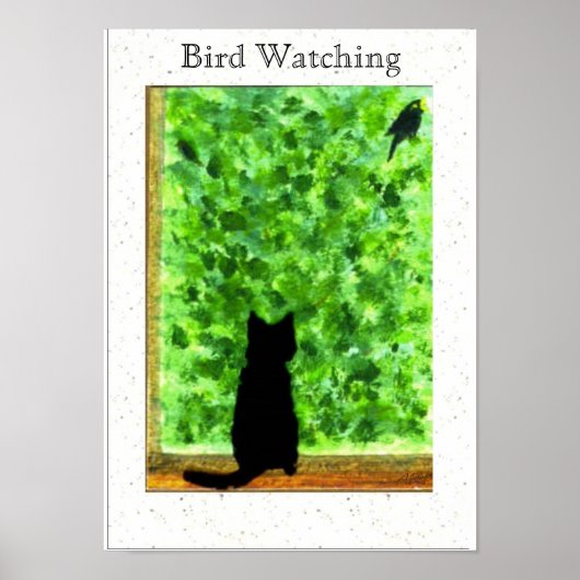 Black Cat Bird Watting Fun Animal Art Poster (Voorkant)