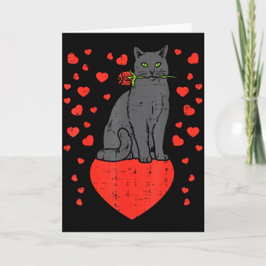 Black Cat Biting Rose Hearts Valentines Day Animal Kaart (Voorkant)