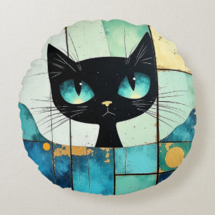 Black Cat Block art Rond Kussen