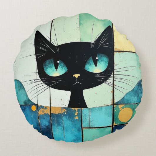 Black Cat Block art Rond Kussen (Achterkant)