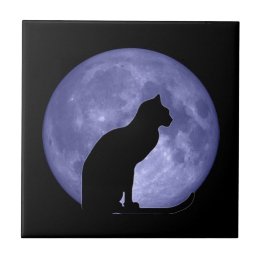 Black Cat Blue Moon Tile Trivet Tegeltje (Voorkant)