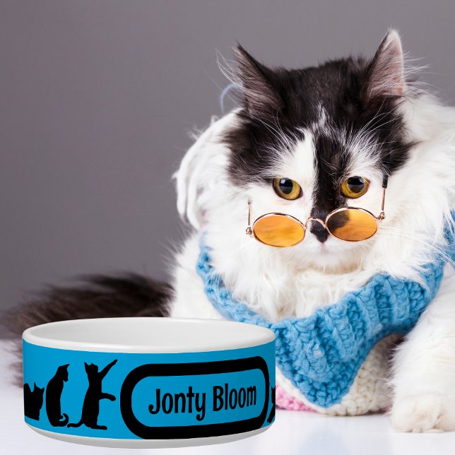 Black Cat Blue Silhouette Pattern met Kattennaam Voerbakje (Creator heeft geüpload)