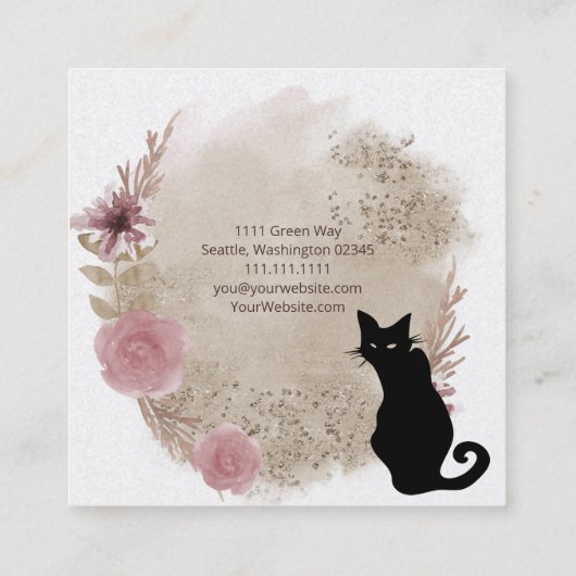 Black Cat Boho Waterverf Square Visitekaartje (Achterkant)