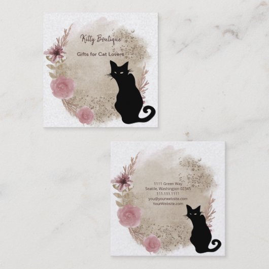 Black Cat Boho Waterverf Square Visitekaartje (Voorkant / Achterkant)