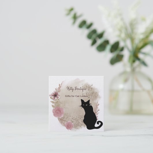 Black Cat Boho Waterverf Square Visitekaartje (Staand voorkant)